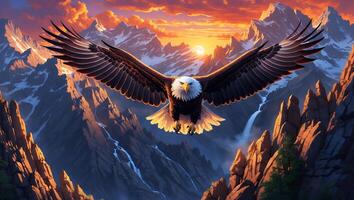 Eagle Soaring Through Mountain Landscape at Sunset with Flowing Waterfalls photo