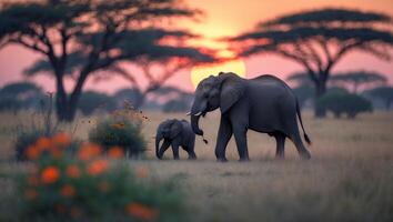Elephant Family Walking Through Savannah Grassland at Sunset Scene photo