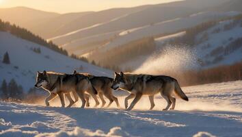 Wolves Walking in Winter Landscape with Snowy Mountains at Sunrise photo