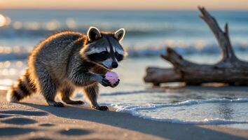 Raccoon Enjoying Pink Treat at Beach During Golden Hour Sunlight photo