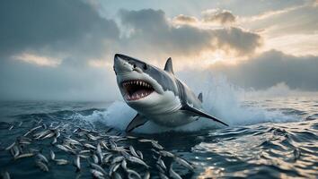 Great White Shark Hunting School of Fish in Ocean Water photo