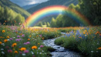 Rainbow Over Flowing Stream Through Meadow of Colorful Wildflowers photo