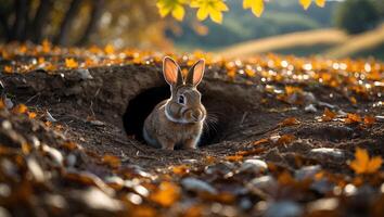 Rabbit Emerging From Burrow in Autumn Landscape with Golden Leaves photo
