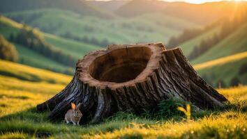 Rabbit Near Tree Stump in Grassy Field at Sunset with Hills photo