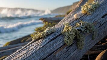 Driftwood with Lichen and Seashell on the Beach at Sunset photo