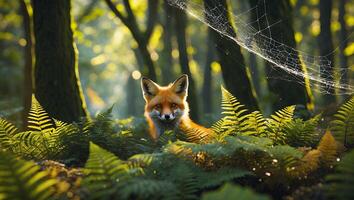 Fox Peering From Ferns in a Sunlit Woodland Scene photo