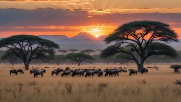 Grazing Animals at Sunset in African Savannah Under Acacia Trees photo