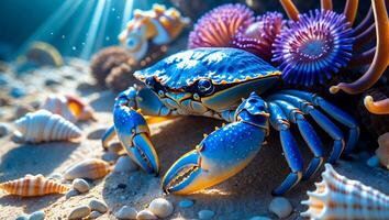 Blue Crab on Sandy Seabed with Shells and Sea Anemones photo