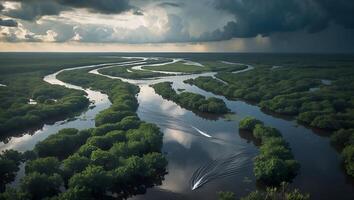 River Winding Through Lush Green Landscape with Storm Clouds Above photo
