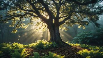 Majestic Tree Radiating Sunlight in Forest with Ferns and Mystical Atmosphere photo