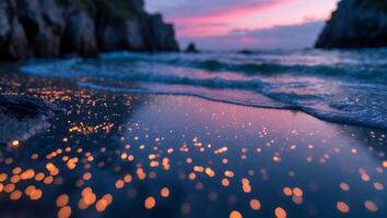 Glowing Ocean Waves on Sandy Beach at Twilight with Colorful Sky photo