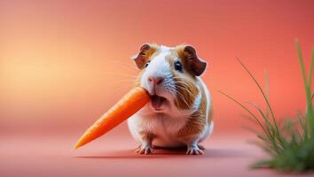Guinea Pig Eating Carrot on Pink Background Close Up View photo
