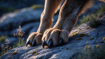 Dog Paws Resting on Rock Surface with Moss and Plant Details photo