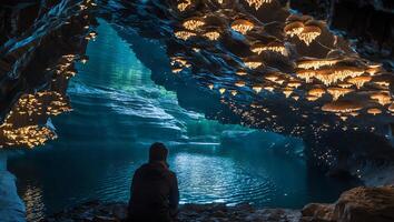 Person Contemplates Cave Pool Illuminated by Luminous Fungi Reflections photo