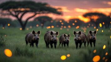 Wild Boars Foraging in Grassy Field at Dusk in the Wilderness photo