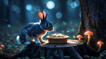 Rabbit with Pie on Stump in Enchanted Forest with Mushrooms photo