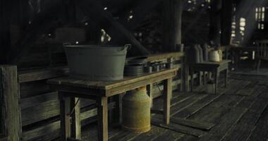 CGI Rustic kitchen interior with wooden table and kitchenware in dim light video
