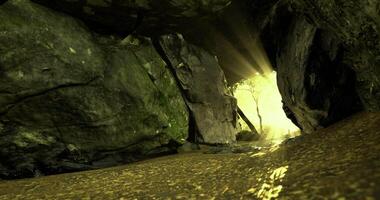 CGI Light filtering through rocks in a serene natural setting near a stream video