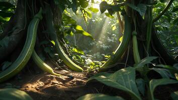 Sunlight Streams Through Tropical Forest with Vines and Small Insect photo