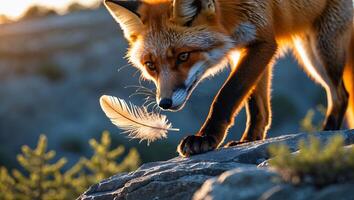 Fox Investigating Feather on Rock Lit by Golden Sunlight Outdoors photo