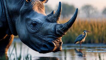 Rhino Drinking Water Beside Heron in Grassy Wetlands Landscape photo