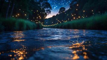 Flowing River at Night with Starry Sky and Festive Lights photo