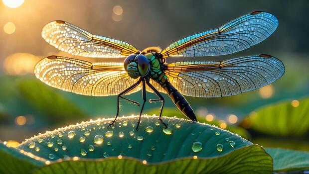 Dragonfly Resting on Leaf with Water Droplets in the Sunlight photo