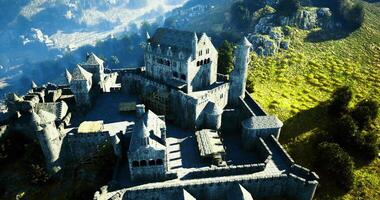 CGI Majestic medieval castle perched on a hilltop surrounded by lush greenery video