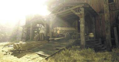 CGI Rustic workshop bathed in sunlight near an old wooden structure video