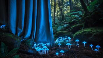 Glowing Mushrooms in Enchanted Forest Landscape with Dramatic Blue Curtains photo