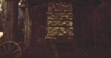 CGI Wooden crates stacked inside a rustic storage area during daylight hours video