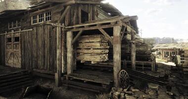 cgi rustik trä- strukturera med staplade pallar i en historisk miljö video