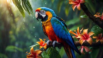 Colorful Parrot Resting on Branch with Flowers During Rainfall photo