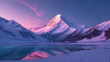 Snowy Mountain Peaks Reflected in Lake at Twilight Landscape Scenery photo