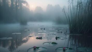 Lily Pads Floating on Calm Lake with Morning Mist and Sunrise photo