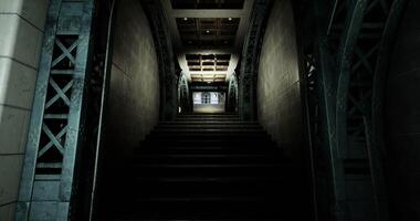 CGI Dark staircase leading to a bright entrance in an architectural space video