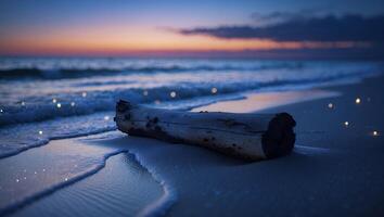 Driftwood Log on Beach at Sunset with Gentle Waves photo
