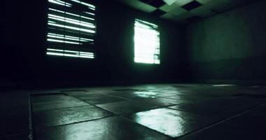 CGI Abandoned room with eerie lighting and reflections on wet floor video