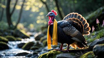 Turkey Wearing Scarf in Forest Next to Flowing Stream and Rocks photo