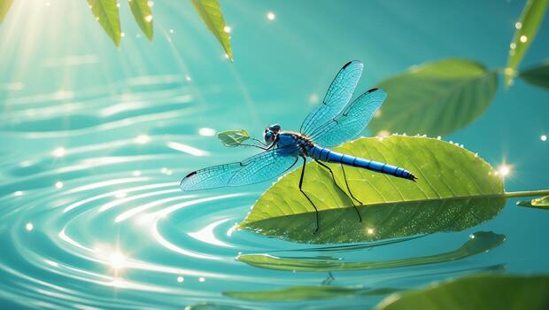Dragonfly Resting Calmly on Leaf in Pond with Rippling Water photo
