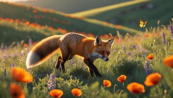 Fox Walking Through Flower Meadow with Butterfly in Peaceful Setting photo