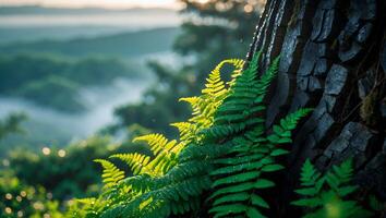 Fern Growing on Tree Trunk with Forest Mist Background Scene photo