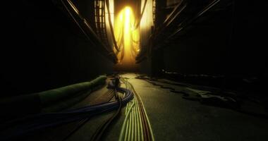 CGI Light filters through a narrow corridor in a modern industrial setting video