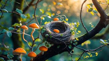 Mushrooms and Nest in Tree Branch with Dreamy Forest Background photo