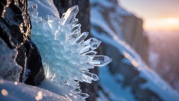 Ice Crystal Formation on Snowy Rock Ledge at Golden Sunset Hour photo