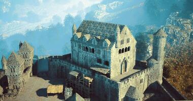 CGI Ancient stone castle surrounded by lush hills under a clear sky video