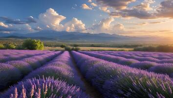 Lavender Field Blooming with Mountains and Cloudy Sky at Sunset photo