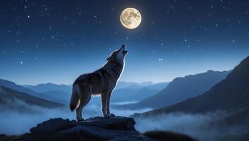Howling Wolf Standing on Rock Under Full Moon at Night photo