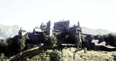 CGI Majestic castle perched on a hillside with ancient architecture details video