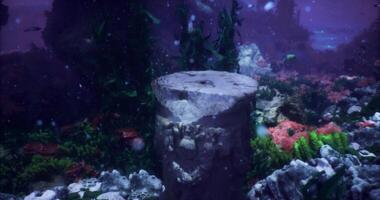 CGI Underwater coral reef with ancient structures and colorful marine life observed video